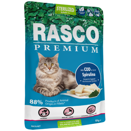 Rasco Premium Cat Sterilized, Cod, Spirulina, 85 gr